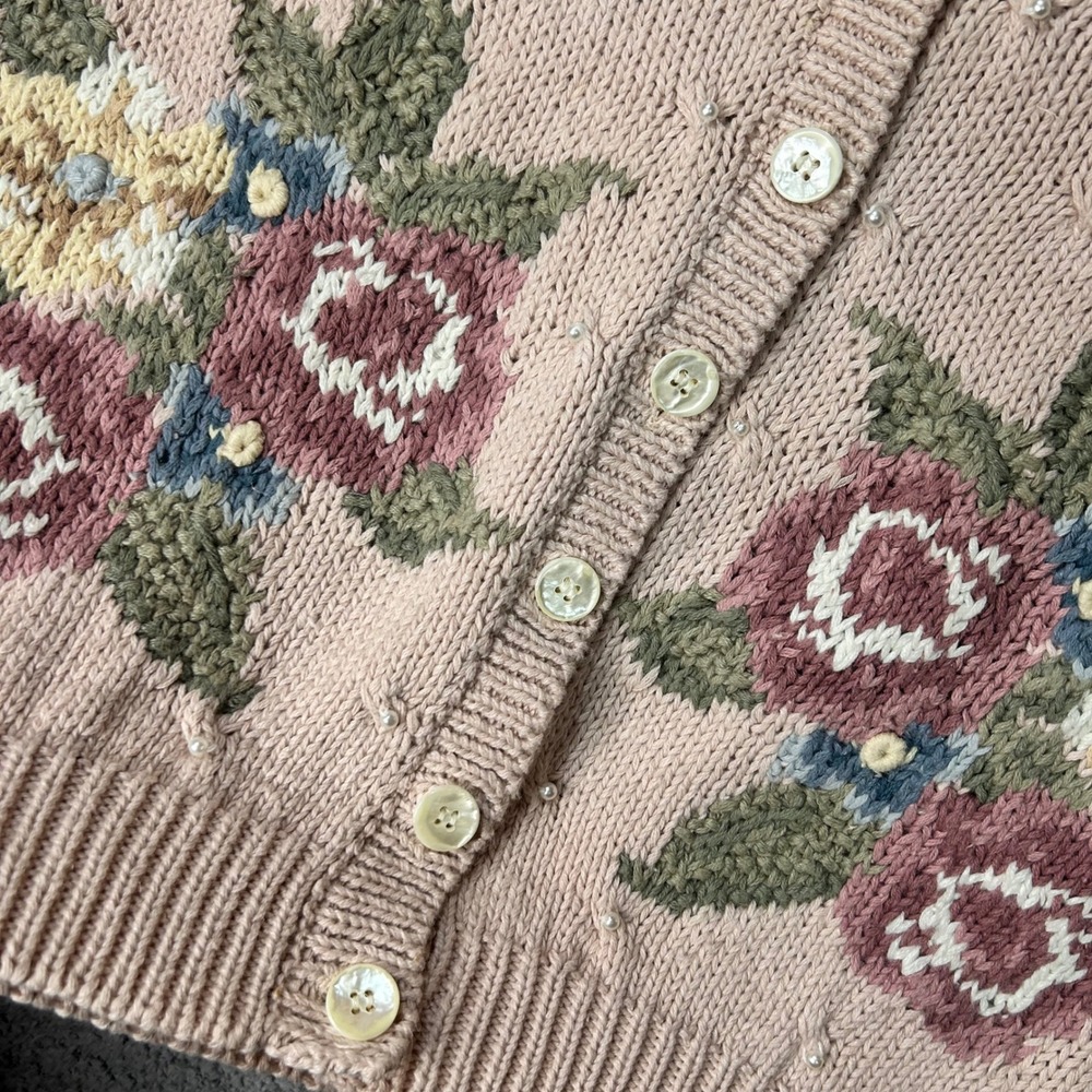 1990s Ashley Cardigan VTG Floral Hand Knit PM Pink Grandmacore Coquette Cottage - Picture 5 of 13